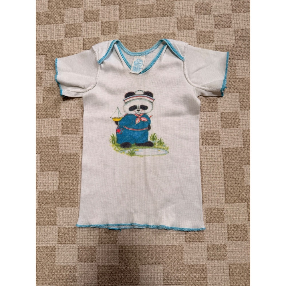 Vintage 70s Curity Baby Knits Sailor Panda Shirt White Blue 36 Months XL Ribbed